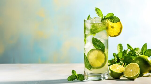 refreshing cocktail with lemon, lime and mint, soft drink with citrus