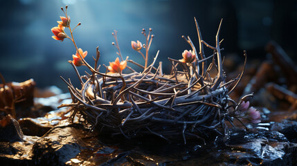Crown of Thorns: A poignant composition of a crown of thorns, symbolizing sacrifice and redemption. - obrazy, fototapety, plakaty