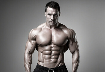 Fototapeta premium Powerful Muscular Man Flexing Biceps in Black and White, Exuding Motivation