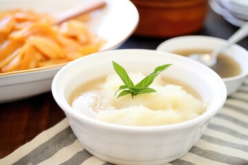 creamy mashed potatoes with gravy in a white bowl