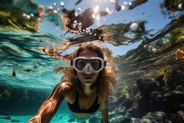 Woman with mask snorkeling in clear water, ai generated