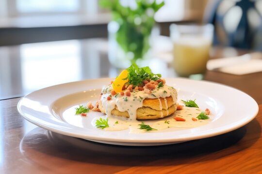 biscuits and gravy on a plate with a parsley garnish