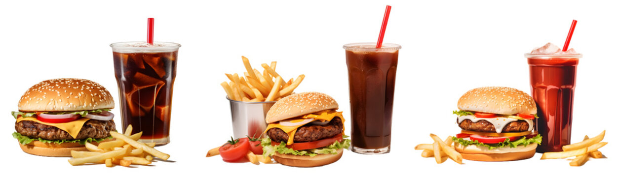 Hamburger Cola French Fries Set isolated on a transparent PNG background, white background, Generative Ai