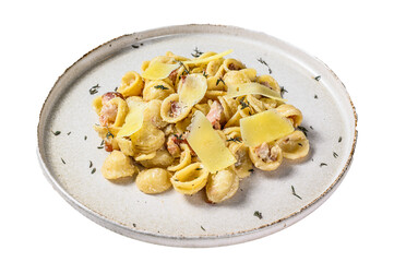Orecchiette pasta with pancetta, egg, hard parmesan cheese and cream sauce.  Transparent background. Isolated.