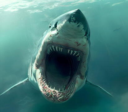 Attack of a great white shark. Realistic illustration of a predatory fish. Edited AI illustration.	