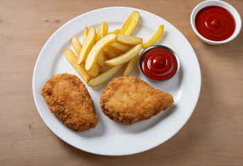 Crispy chicken breast with fries and ketchup