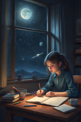 Fototapeta na wymiar Little Girl Writing on Book at Desk, Education, Learning, Studying, School, Classroom, Child, Education. Generative AI.