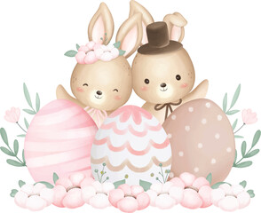 Watercolor Illustration Cute Easter Rabbits and Easter Eggs at Garden with Flowers