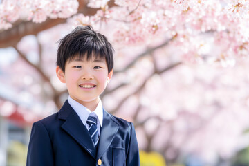 桜並木と新入生 入学卒業新生活イメージ 男の子
