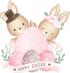 Watercolor Illustration Cute Easter Rabbits and Easter Eggs at Garden with Flowers