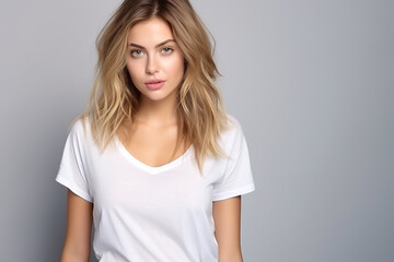 Fototapeta premium Woman in White Tshirt Mockup created with Generative AI