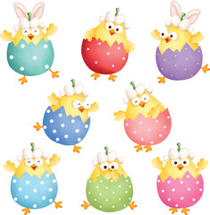 Watercolor Illustration set of cute Chicks in Colorful Easter Egg