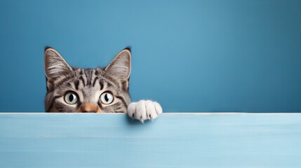 Curious Cat Peeking from Behind a Corner on a Blue Background AI Generated