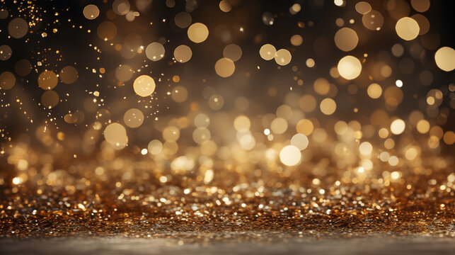 Festive abstract golden background with bokeh defocused glitter lights. Glinting gold specks and radiant hues. Christmas and New Year concept.