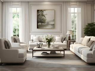 An elegant living room with beige sofas and chair