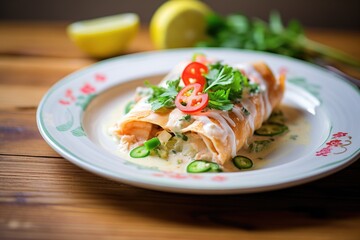 seafood enchiladas topped with creamy white sauce