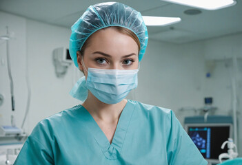 Portrait of a young surgical nurse and female doctor in protective gear in an operating theater.