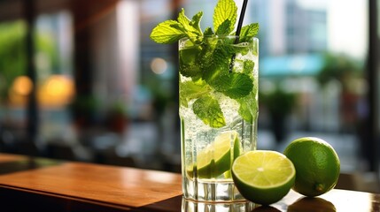 refreshing cocktail with lemon, lime and mint, soft drink with citrus - obrazy, fototapety, plakaty