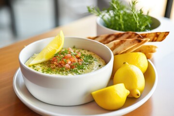 fava dip in a white bowl with lemon wedge garnish