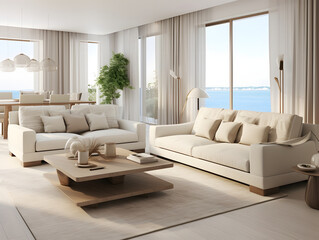 An elegant living room with beige sofas and chair
