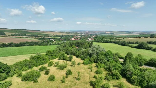 Meadow juniper orchids and old fruit trees, village blue sky and clouds, mountain virgin untouched nature UNESCO biosphere reservation Bile Karpaty White Carpathians, monument natural Drahy botany
