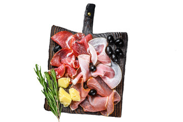 Set of smoked and dried meat Ham, jerky, salted meat, jamon and herbs.  Transparent background. Isolated.