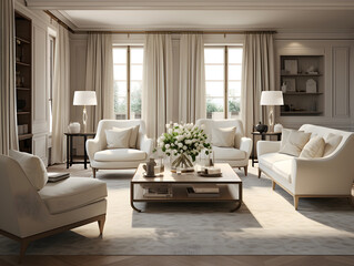 An elegant living room with beige sofas and chair