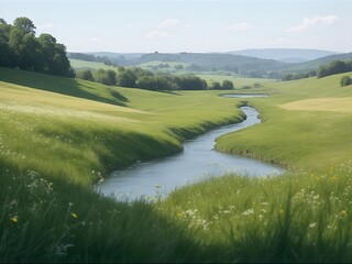 serene and tranquil meadow landscape. AI generated illustration
