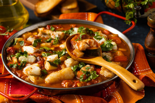 Traditional Portuguese fish stew. Cod stew.