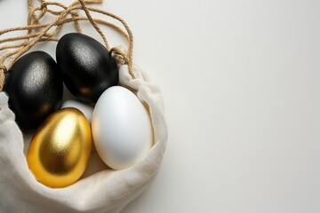 Gold, black, white, blue eggs in a bag