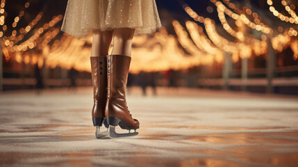 close-up of the girl's legs on the ice rink - obrazy, fototapety, plakaty
