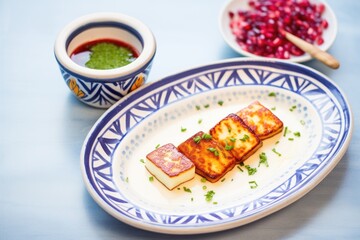 halloumi on a ceramic dish with a side of cranberry dip
