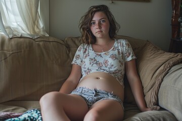 Young woman in contemplative repose on a couch, natural daylight setting.
