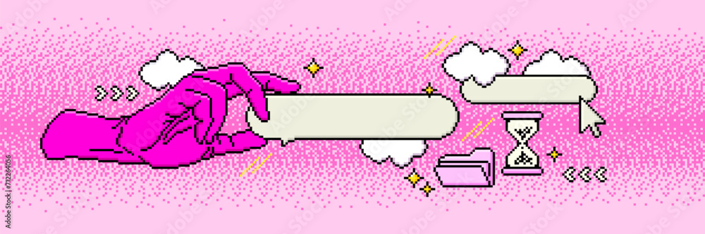 Poster pixel art banner with hand, speech bubble and old user interface elements. retro game aesthetics of 