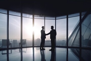 Fototapeta na wymiar Businessmen in an office, shaking hands after deal completion, silhouette, business and technology concept