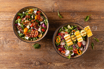 Delicious salad added to grilled dishes, with bacon and halloumi cheese.