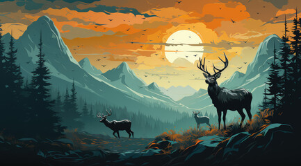 Deer Silhouette in Front of Dark Forest Landscape with River and Sunset extreme closeup. Generative AI