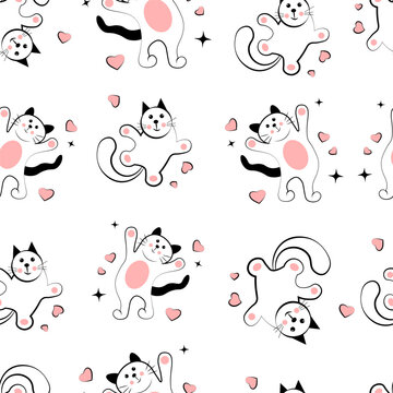 Seamless texture with cats on white background. Doodle