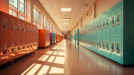A Long Hallway with Lots of Colored Lockers extreme closeup. Generative AI