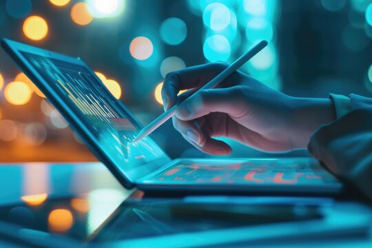 A stylus hovers over a holographic bar chart on a tablet. The scene suggests data visualization or analysis