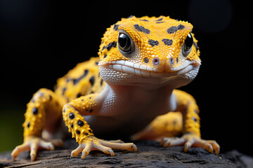 Eublepharis Macularius Leopard Gecko extreme closeup. Generative AI - obrazy, fototapety, plakaty