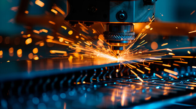 The CNC laser cut machine cutting the stainless plate. Industrial 4.0 concept for modern manufacturing process.