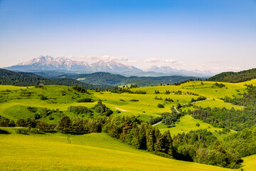 Beautiful panorama of the Pass over Tokarnia. Slovakia. View of the Tatra Mountains.