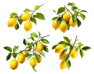 Set of fresh delicious lemons on branches, cut out
