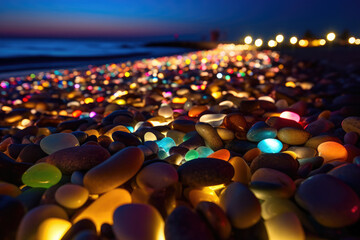Obraz premium Beautiful Neon Colorful Pebbles on the Night Beach extreme closeup. Generative AI