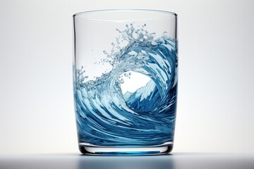 Blue water wave splashes in a glass on white background