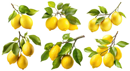 Set of fresh delicious lemons on branches, cut out
