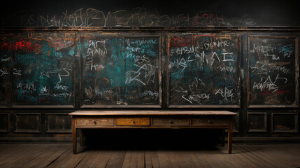 Old Wooden School Chalkboard extreme closeup. Generative AI