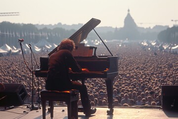 Solo artist at a piano, commanding a large audience under open skies.