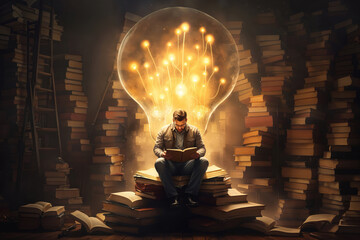 A man reading books is granted with knowledge, ideas and imaginations - obrazy, fototapety, plakaty